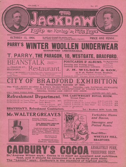 Local_BRA_JAC. The Bradford Jackdaw, 13 October 1904. Cover including mini portraits, woollen underwear, City of Bradford exhibition advertisements